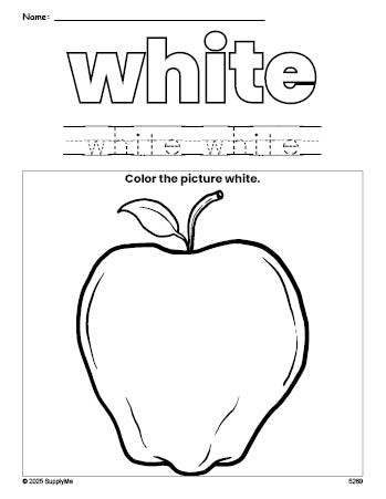 Free apple color white coloring page and color worksheet, white worksheet for preschoolers to learn colors, printable PDF