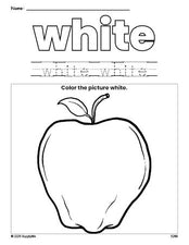 Free apple color white coloring page and color worksheet, white worksheet for preschoolers to learn colors, printable PDF