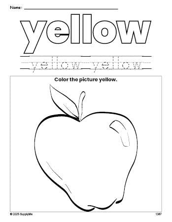 Free apple color yellow coloring page and color worksheet, yellow worksheet for preschoolers to learn colors, printable PDF