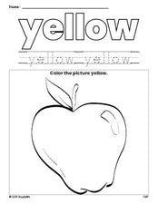 Free apple color yellow coloring page and color worksheet, yellow worksheet for preschoolers to learn colors, printable PDF