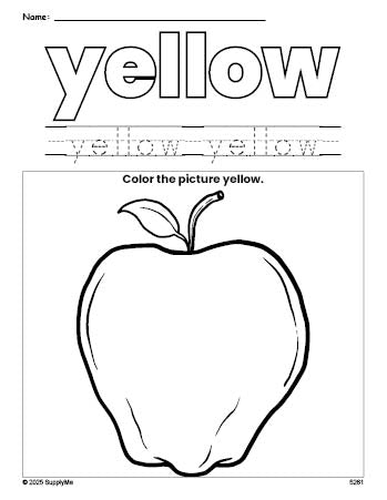 Free apple color yellow coloring page and color worksheet, yellow worksheet for preschoolers to learn colors, printable PDF