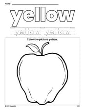 Free apple color yellow coloring page and color worksheet, yellow worksheet for preschoolers to learn colors, printable PDF