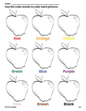 Free apple coloring page and color worksheet for preschoolers to learn colors, printable PDF