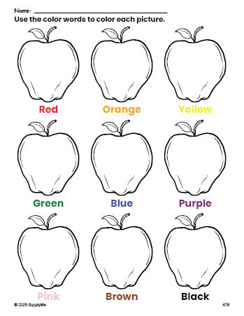 Free apple coloring page and color worksheet for preschoolers to learn colors, printable PDF