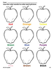 Free apple coloring page and color worksheet for preschoolers to learn colors, printable PDF