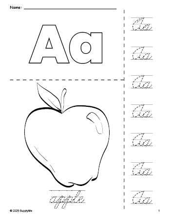 Free printable apple coloring page and cursive letter tracing worksheet, letter a worksheet for preschool, pre-k, and kindergarten, PDF