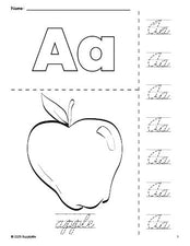 Free printable apple coloring page and cursive letter tracing worksheet, letter a worksheet for preschool, pre-k, and kindergarten, PDF