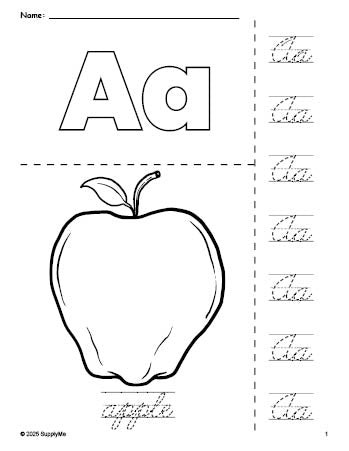 Free printable apple coloring page and cursive letter tracing worksheet, letter a worksheet for preschool, pre-k, and kindergarten, PDF