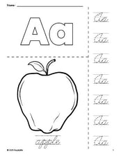 Free printable apple coloring page and cursive letter tracing worksheet, letter a worksheet for preschool, pre-k, and kindergarten, PDF