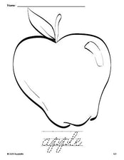 Free printable apple coloring page and cursive word tracing worksheet, perfect for preschool, pre-k, and kindergarten, PDF