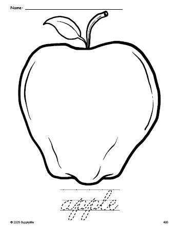 Free printable apple coloring page and cursive word tracing worksheet, perfect for preschool, pre-k, and kindergarten, PDF