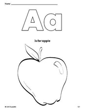 Free printable apple coloring page, letter a coloring page for preschool, pre-k, and kindergarten, PDF