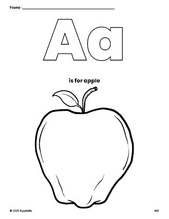 Free printable apple coloring page, letter a coloring page for preschool, pre-k, and kindergarten, PDF