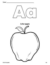 Free printable apple coloring page, letter a coloring page for preschool, pre-k, and kindergarten, PDF