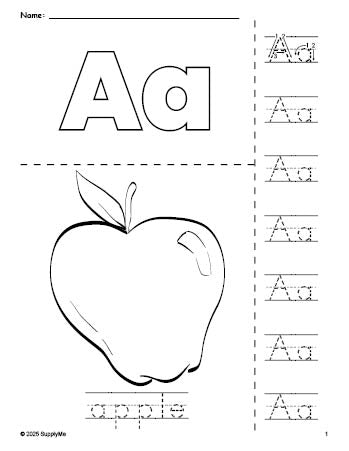 Free printable apple coloring page and letter tracing worksheet, letter a worksheet for preschool, pre-k, and kindergarten, PDF