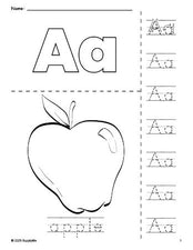 Free printable apple coloring page and letter tracing worksheet, letter a worksheet for preschool, pre-k, and kindergarten, PDF