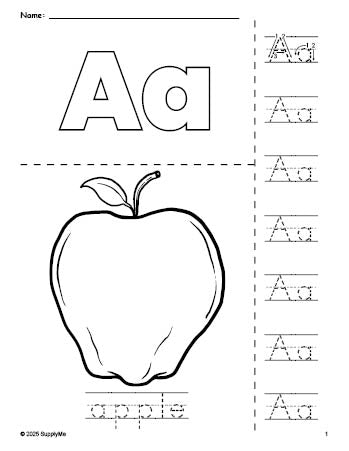 Free printable apple coloring page and letter tracing worksheet, letter a worksheet for preschool, pre-k, and kindergarten, PDF