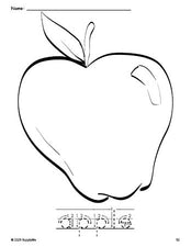 Free printable apple coloring page and word tracing worksheet, letter formation guides, perfect for preschool, pre-k, and kindergarten, PDF