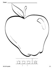 Free printable apple coloring page and word tracing worksheet, perfect for preschool, pre-k, and kindergarten, PDF