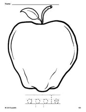 Free printable apple coloring page and word tracing worksheet, perfect for preschool, pre-k, and kindergarten, PDF