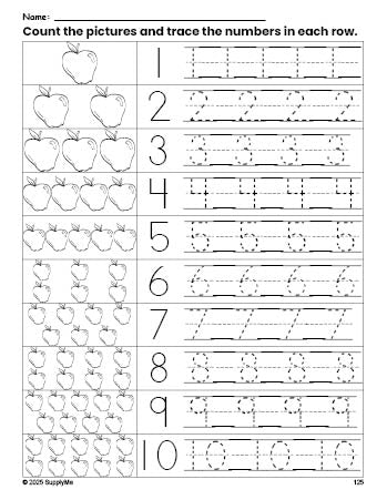 Free printable apple counting worksheet for preschool and pre-k with number tracing practice 1-10, PDF