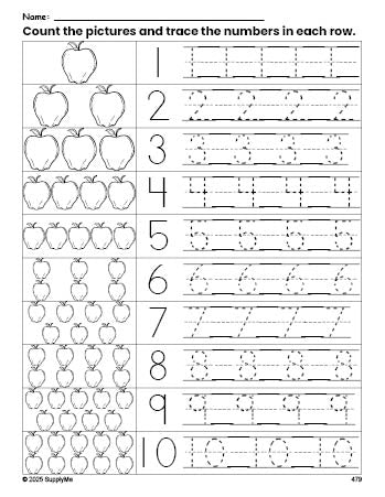 Free printable apple counting worksheet for preschool and pre-k with number tracing practice 1-10, PDF