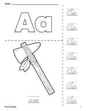 Free printable axe Thanksgiving coloring page and cursive letter tracing worksheet, letter a worksheet for preschool, pre-k, and kindergarten, PDF