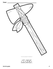 Free printable axe Thanksgiving coloring page and cursive word tracing worksheet, perfect for preschool, pre-k, and kindergarten, PDF