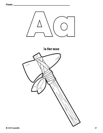 Free printable axe Thanksgiving coloring page, letter a coloring page for preschool, pre-k, and kindergarten, PDF