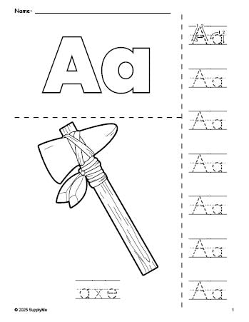 Free printable axe Thanksgiving coloring page and letter tracing worksheet, letter a worksheet for preschool, pre-k, and kindergarten, PDF