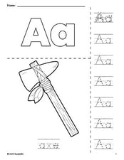 Free printable axe Thanksgiving coloring page and letter tracing worksheet, letter a worksheet for preschool, pre-k, and kindergarten, PDF