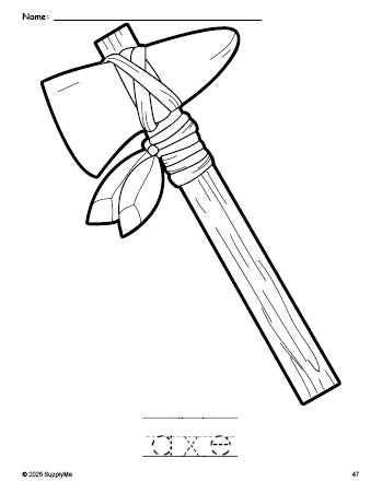 Free printable axe Thanksgiving coloring page and word tracing worksheet, perfect for preschool, pre-k, and kindergarten, PDF