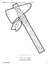 Free printable axe Thanksgiving coloring page and word tracing worksheet, perfect for preschool, pre-k, and kindergarten, PDF