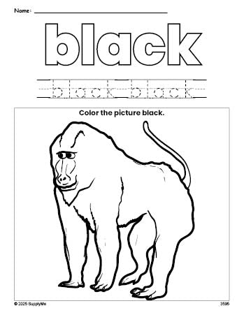 Free baboon color black coloring page and color worksheet, black worksheet for preschoolers to learn colors, printable PDF