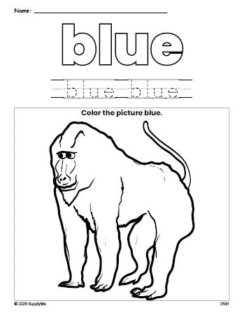 Free baboon color blue coloring page and color worksheet, blue worksheet for preschoolers to learn colors, printable PDF