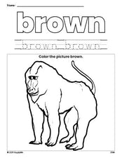 Free baboon color brown coloring page and color worksheet, brown worksheet for preschoolers to learn colors, printable PDF