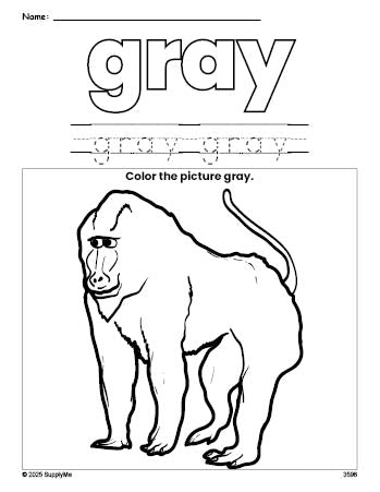 Free baboon color gray coloring page and color worksheet, gray worksheet for preschoolers to learn colors, printable PDF