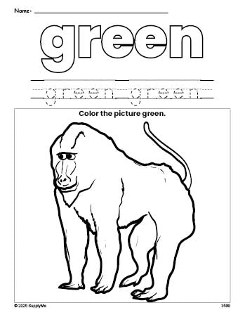 Free baboon color green coloring page and color worksheet, green worksheet for preschoolers to learn colors, printable PDF