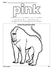 Free baboon color pink coloring page and color worksheet, pink worksheet for preschoolers to learn colors, printable PDF