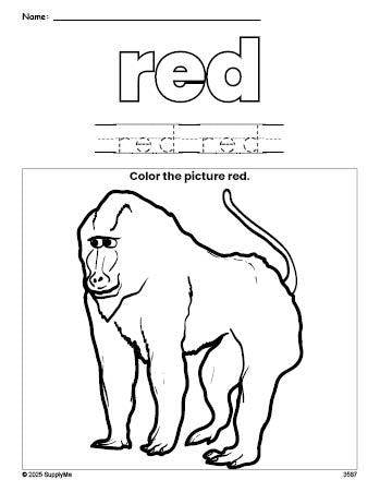 Free baboon color red coloring page and color worksheet, red worksheet for preschoolers to learn colors, printable PDF