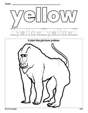 Free baboon color yellow coloring page and color worksheet, yellow worksheet for preschoolers to learn colors, printable PDF