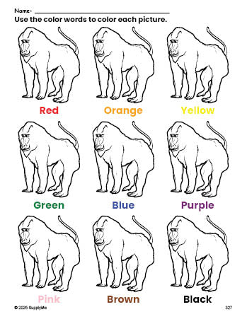 Free baboon coloring page and color worksheet for preschoolers to learn colors, printable PDF