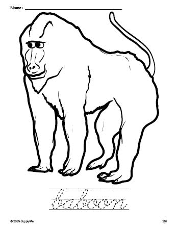 Free printable baboon coloring page and cursive word tracing worksheet, perfect for preschool, pre-k, and kindergarten, PDF