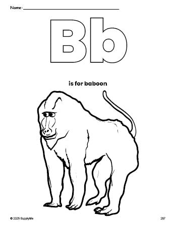 Free printable baboon coloring page, letter b coloring page for preschool, pre-k, and kindergarten, PDF