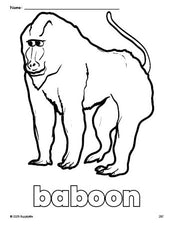 Free printable baboon coloring page for preschool, pre-k, and kindergarten, PDF