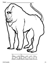 Free printable baboon coloring page and word tracing worksheet, letter formation guides, perfect for preschool, pre-k, and kindergarten, PDF