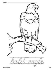 Free printable bald eagle Fourth of July coloring page and cursive word tracing worksheet, perfect for preschool, pre-k, and kindergarten, PDF