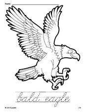 Free printable bald eagle Fourth of July coloring page and cursive word tracing worksheet, perfect for preschool, pre-k, and kindergarten, PDF