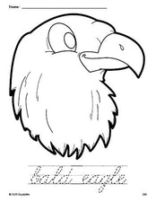 Free printable bald eagle Fourth of July coloring page and cursive word tracing worksheet, perfect for preschool, pre-k, and kindergarten, PDF