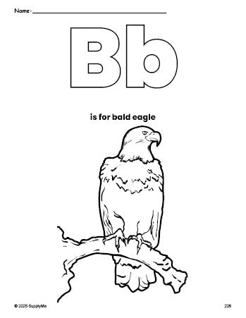 Free printable bald eagle Fourth of July coloring page, letter b coloring page for preschool, pre-k, and kindergarten, PDF